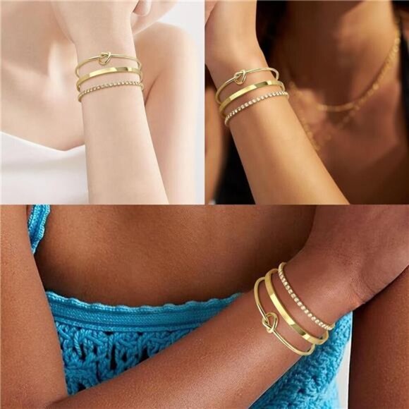 3-Piece Gold Bracelet Set – Dainty Crystal Tennis Bracelet, Love Knot Bangle, an - Picture 2 of 5